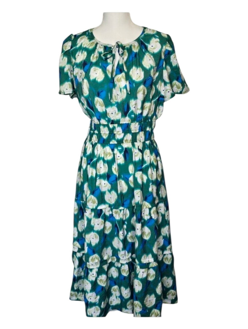 Angels Forever Young Green Cream Floral Short Sleeve Tiered Midi Dress Size M‎